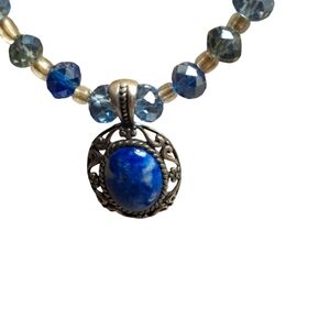 Blue Beaded Necklace with Silver Lapis Pendant